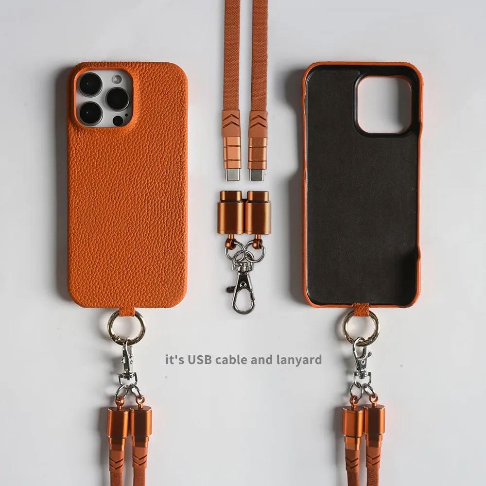 Luxury USB Charging Cable Genuine Leather Case For iPhone 16 Pro Max 15Pro 11 13 12pro 14Pro Strap Crossbody Lanyard Phone Cover
