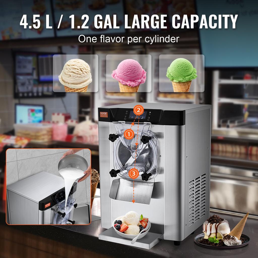 VEVOR Commercial Ice Cream Machine, 12 L/H Yield, 1295W Single Flavor Countertop Hard Serve Ice Cream Maker, 4.5L Stainless Steel Cylinder