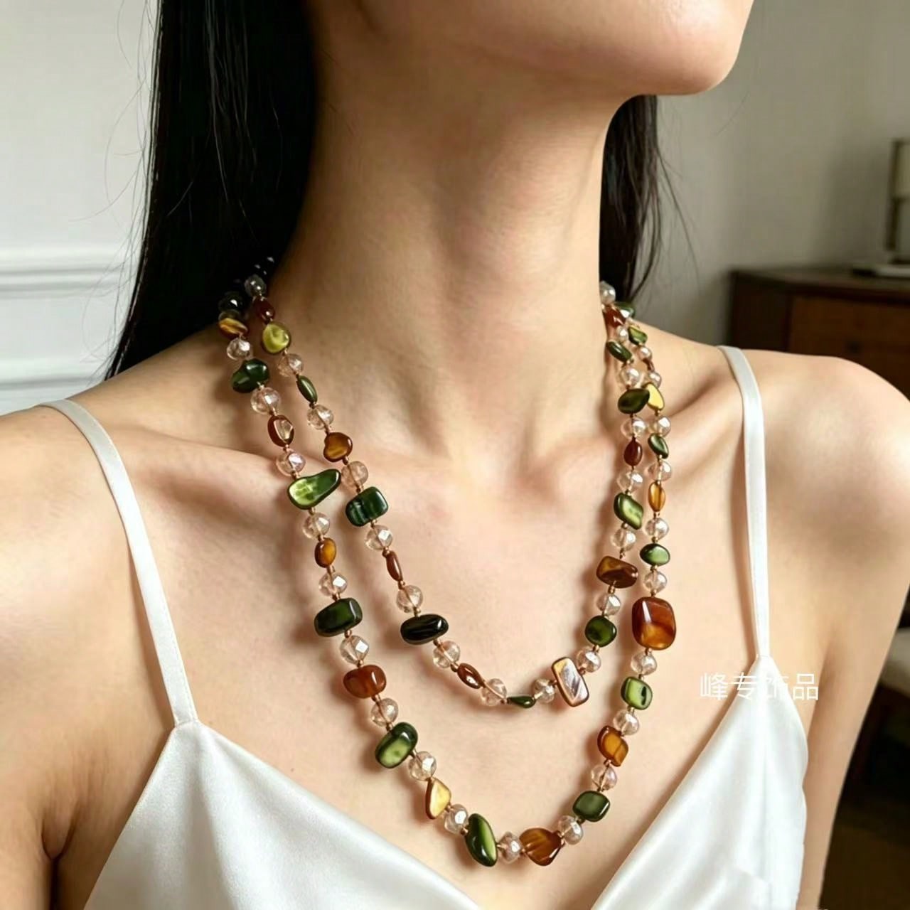 Böhmische Gestapelte Halskette Leichter Luxus Hochwertig Lang Zweilagig Meeres-Schmuck black