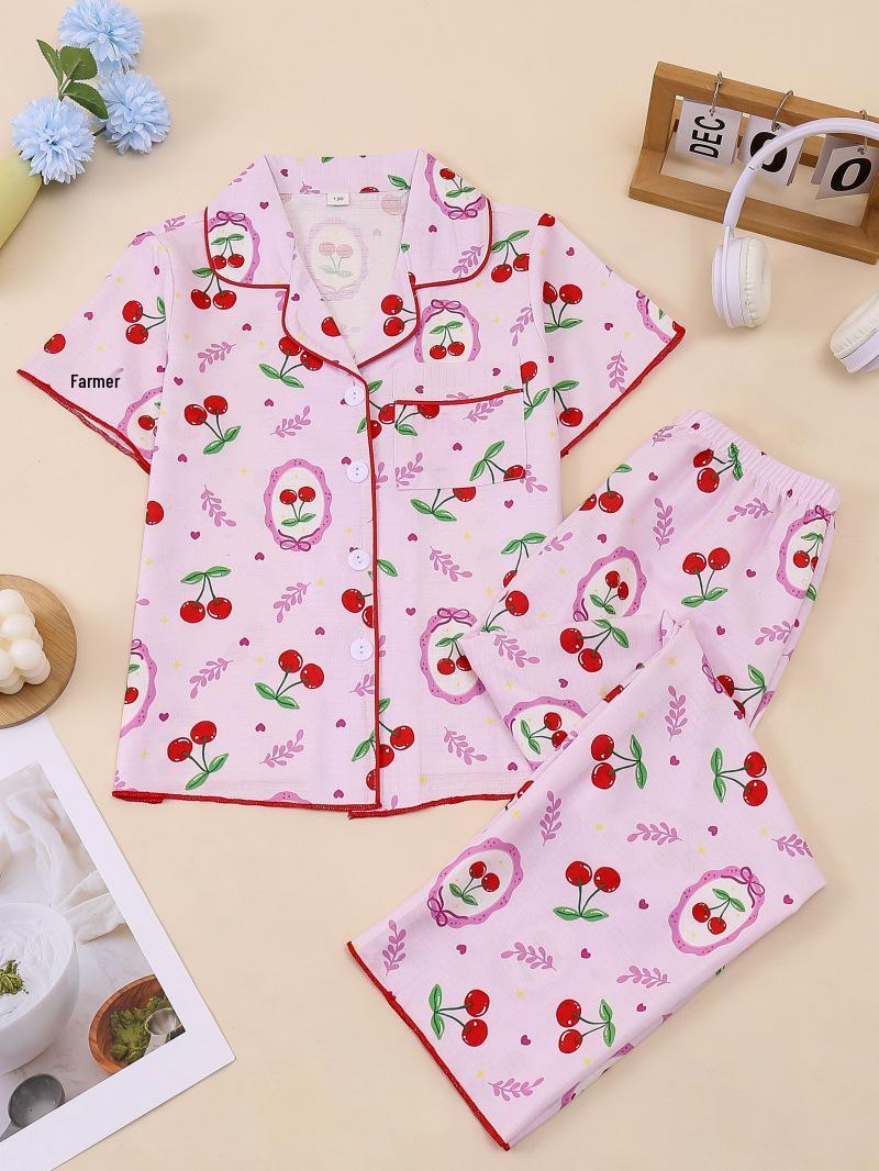 Bubble Cherry Print Girls Pajamas Set - Short Sleeve & Long Pants Size 120