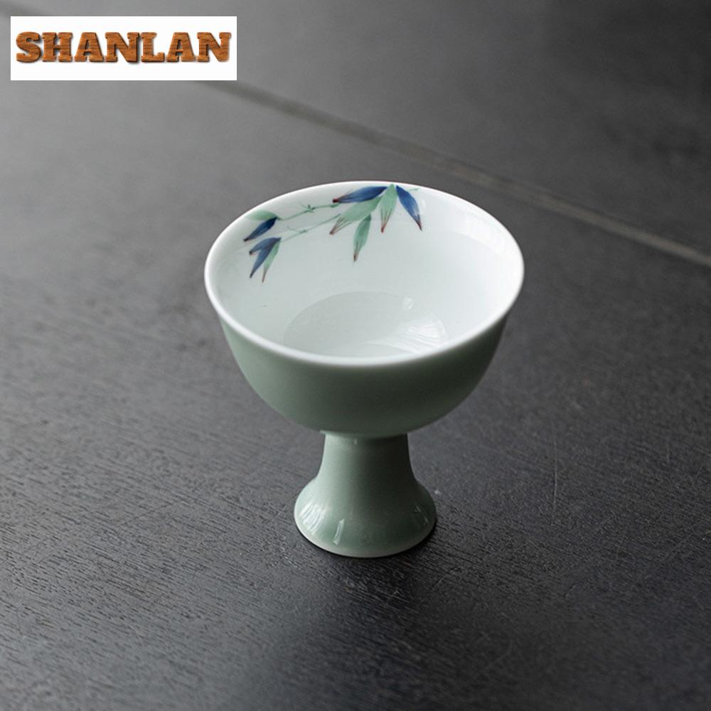 2pc/lot Green Plum High-feet Teacup Boutique Ceramic Master Cup Small Tasting Mug  Antique Meditation Cup Cafes Teaset 70ml