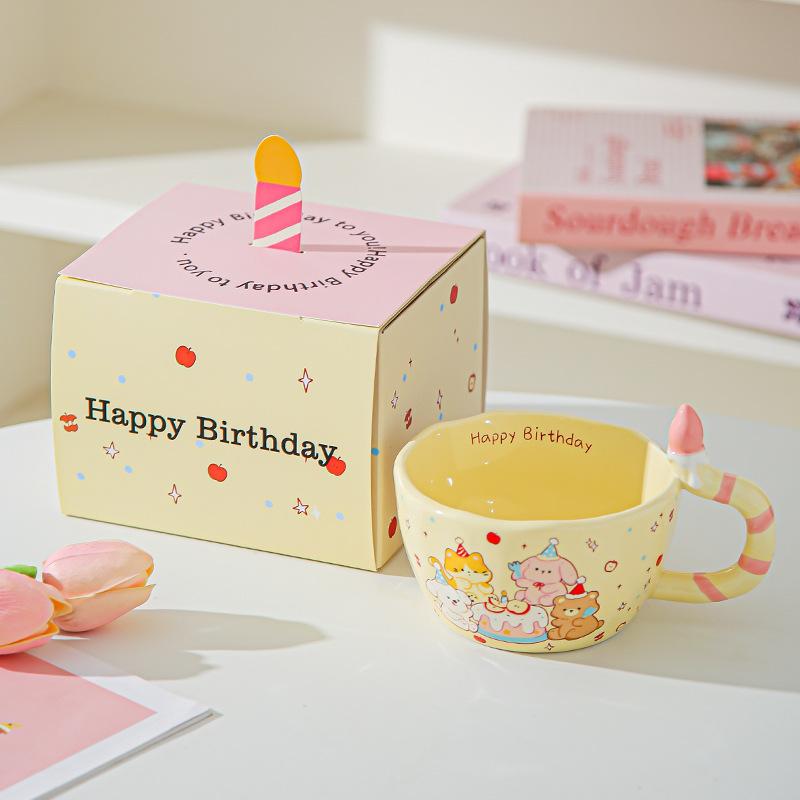 Tasse Mignonne Tasse en Céramique Haut de Gamme avec Bougie Gâteau pour Anniversaire de Filles Cadeaux pour Meilleures Amies 301-400ml