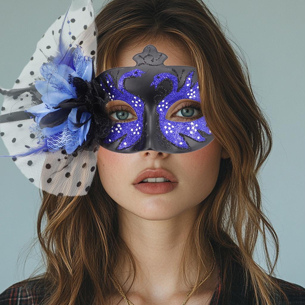 Feathered Masquerade Mask Halloween Party Eye Mask Flower Decoration Masquerade Half Face Mask for Women Cosplay