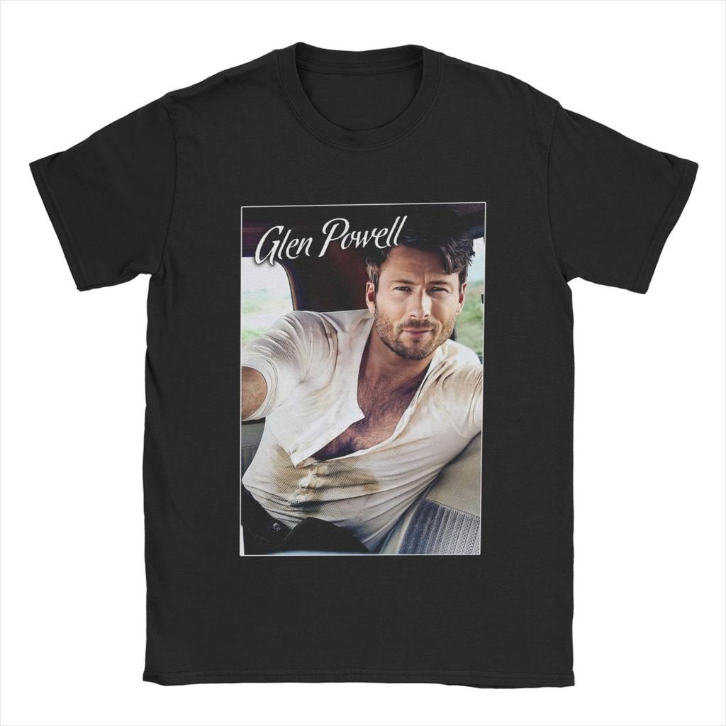 Men Glen Powell 90s Retro T Shirts Cotton Clothes Vintage Short Sleeve Crewneck Tee Shirt Classic T-Shirts