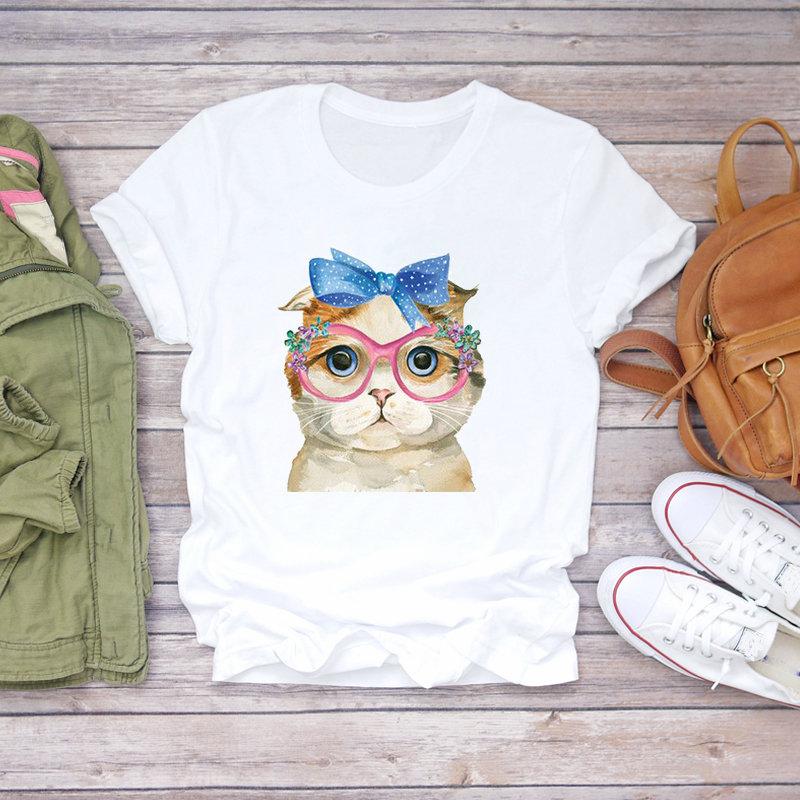 Women’S T-Shirts Kawaii Cat Cartoon Printing Aesthetic Tshirts Streetwear Clothing Summer Graphic T Shirts Aesthetic Tee Top