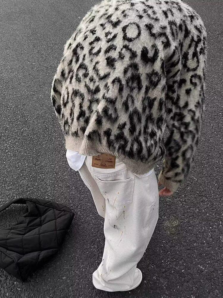 Men's Retro Leopard Print Sweater - High-End Color Block Knitwear