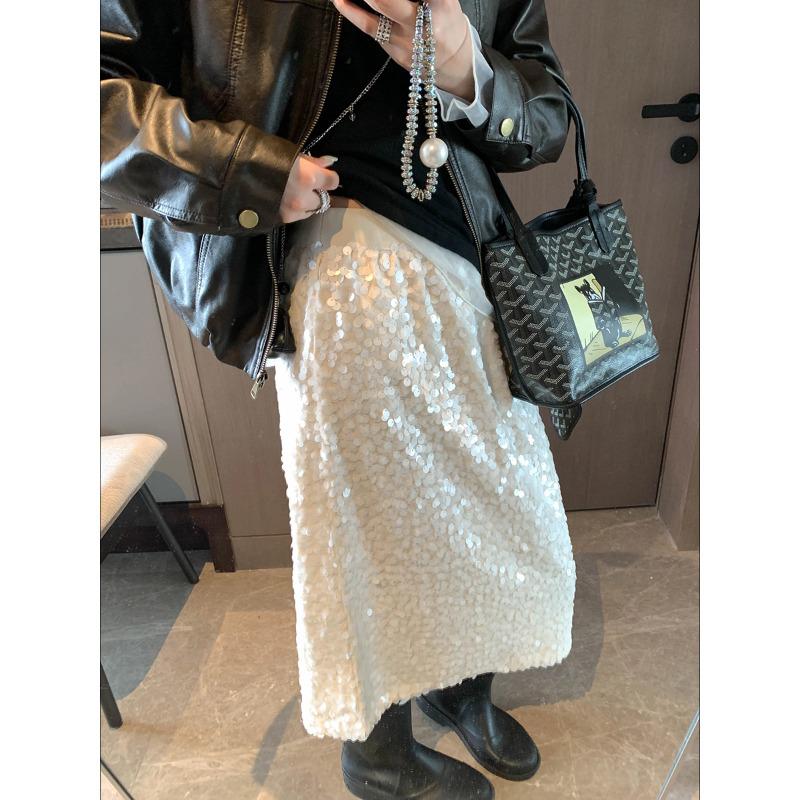 

Mocie Starlight Galaxy Sequin High Waist Slimming Midi Skirt with Back Slit in Thin Fleece Small абрикосовый