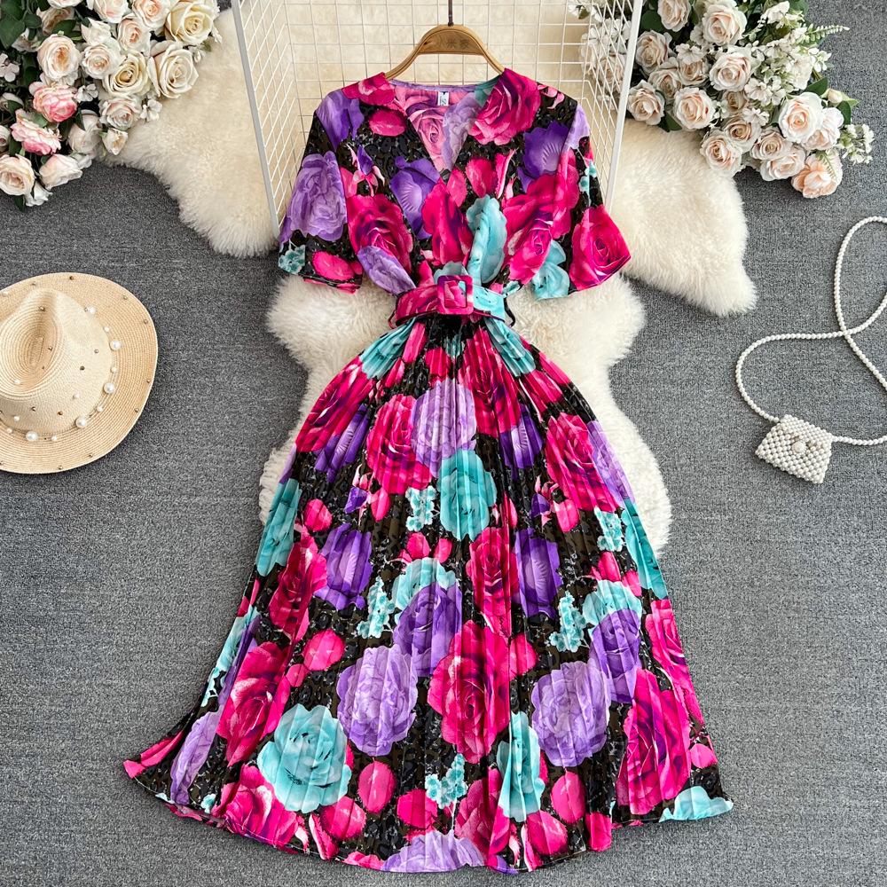Summer Women's Light Mature Style Retro Temperament Short-sleeved V-neck Waist Thin Medium-length A-print Pleated Dress
