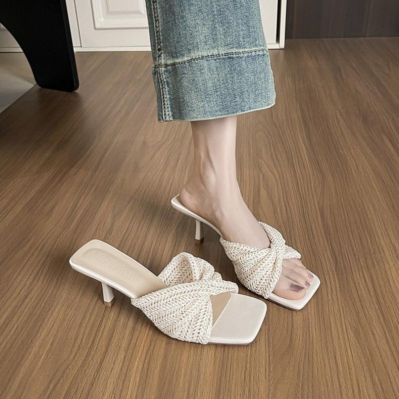 Fashion Elegant Square Toe Woven Cross Strap High Heel Slippers Women Summer Outdoor Sexy Open Toe Slim Heel Sandals