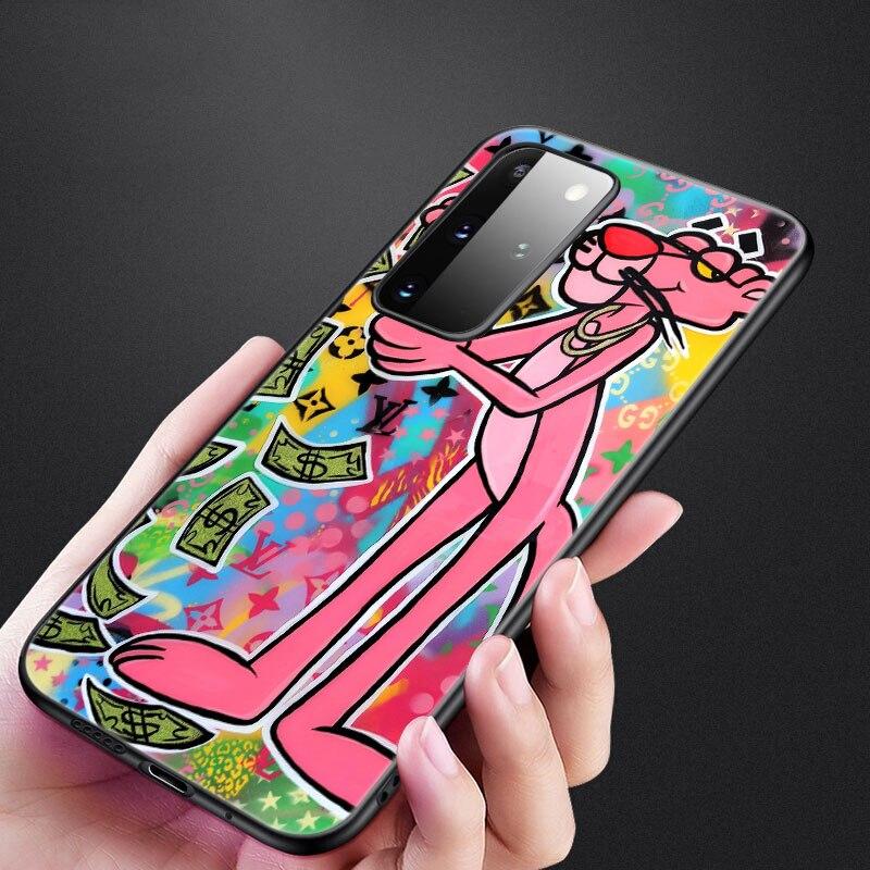 Cute Funny Pink Panther Phone Case For Samsung Galaxy S20 S21 FE S10 Lite Note 20 10 Lite S8 S9 S10E S10 Plus Ultra Black Cover