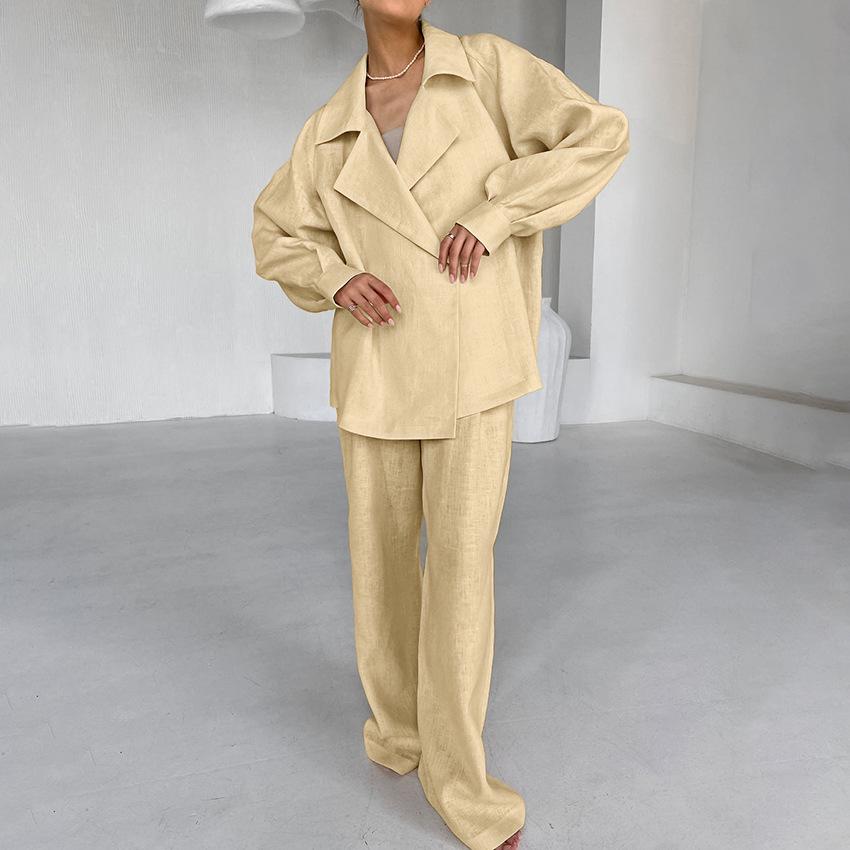 Autumn Loose-Fit Cotton Linen Women s Suit with Tie Collar and Long Sleeves S