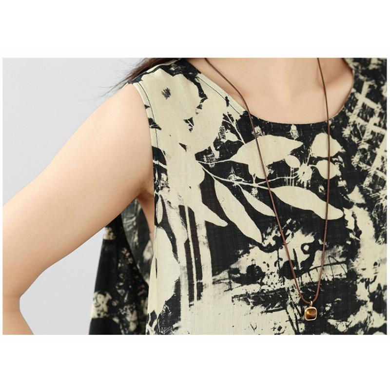 DIMANAF 2026 Women Plus Size Summer Beach Lady Long Dress Vest Sleeveless Vintage Loose Oversize Maxi Print Sundress Clothing