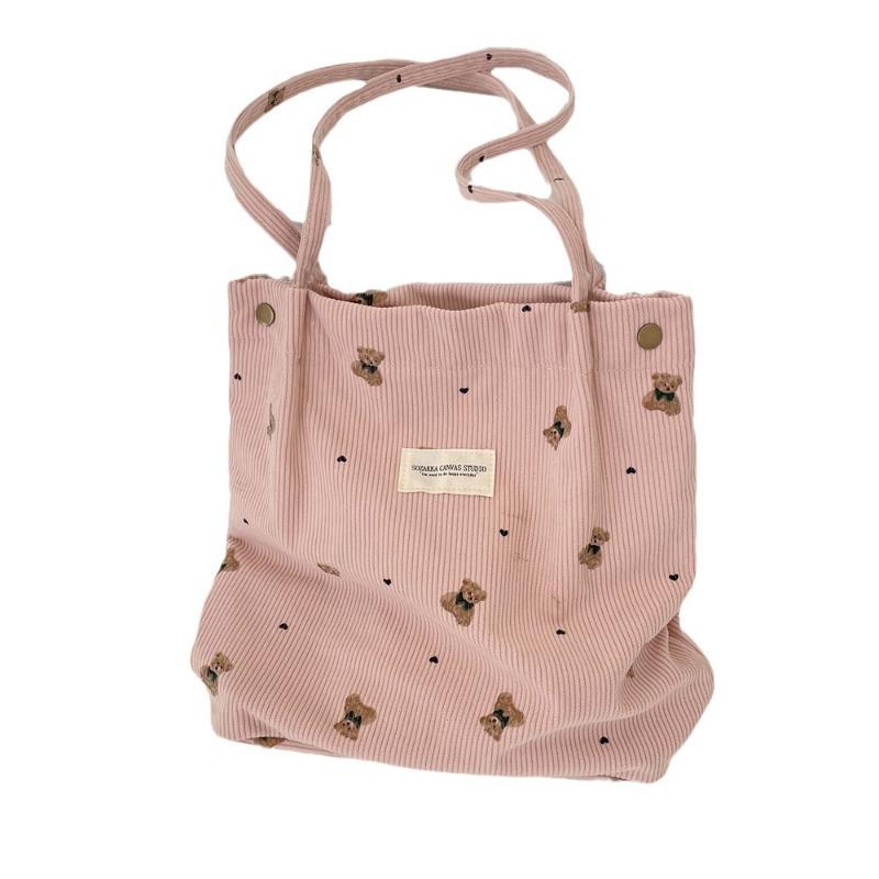 9 Corduroy Cartoon Printed Bear Large Capacity Portable Shoulder Bag Student Class Armpit Bag