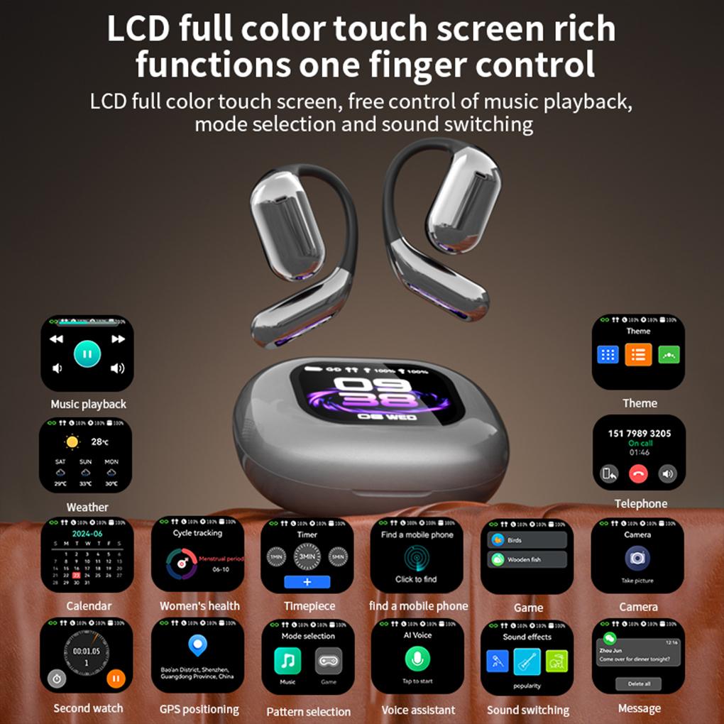 AI Dialogue Translation Earphones Bluetooth 5.4 LCD Touch Screen OWS Open Earhook Noise Cancellation Headset For Travel