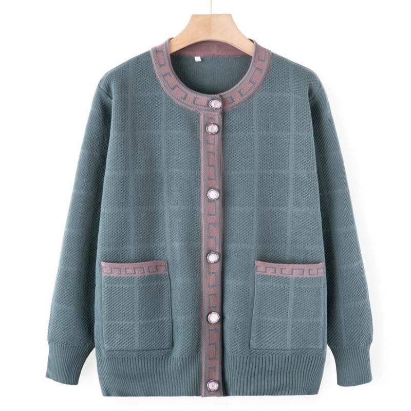 

Middle-aged elderly knitted sweater autumn coat female elderly grandmother spring and autumn cardigan sweater crew neck mother top XL (recommended within 50 kg) зелёный