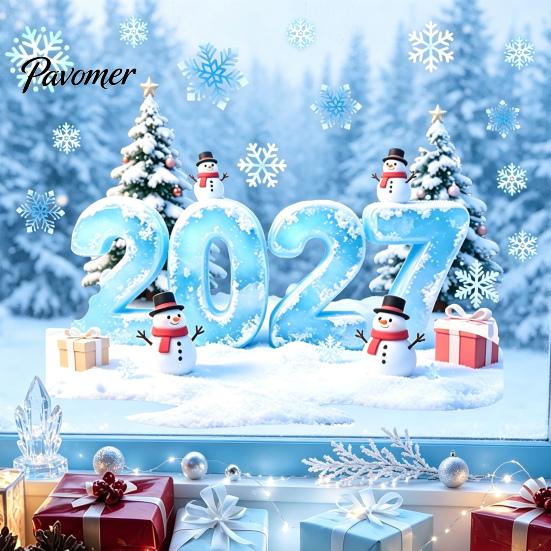 Holiday Glass Stickers 2027 Christmas Winter Window Cling, Static Sticker with Snowman, Bathroom Decoration Tree, Snowfalke, Removable Waterproof Door