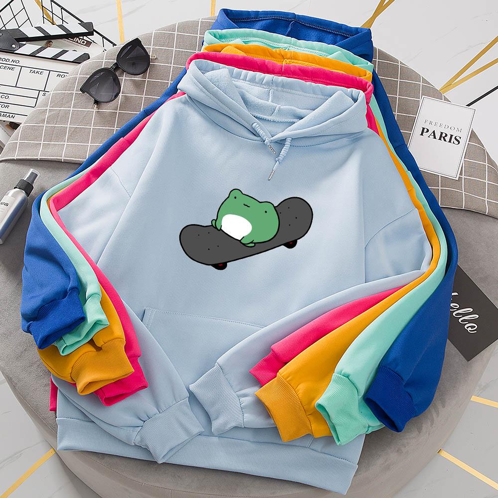 Cute Frog Hoodie For Women 2024 - Kawaii Skateboarding Frog Pullover Sweatshirt, Long Sleeve Plush Lined Hoodies For Teen Girls
