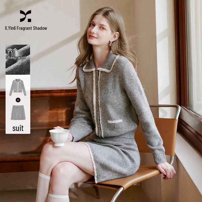 Xiangying Women s Little Fragrant Style Knit Cardigan & Skirt Set with Wool L