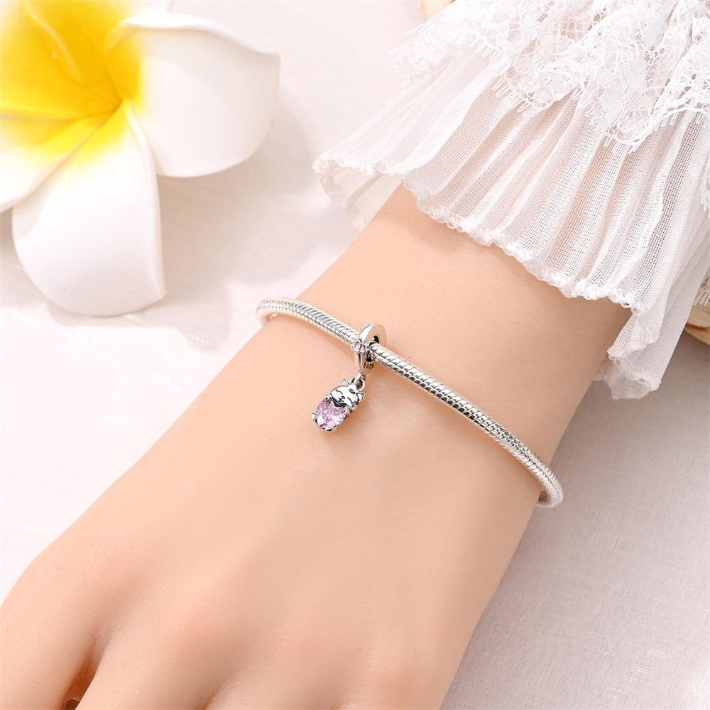 Original Copper Charms Luxury Pink Heart Cat Pendant Beads Fit Bracelet Diy Women Making Delicate Gift