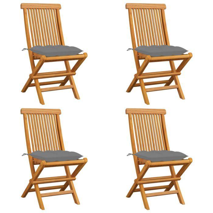 Chaises de jardin pliables en bois de teck massif avec coussins gris - VIDAXL - 4 pcs - Extérieur - Naturel