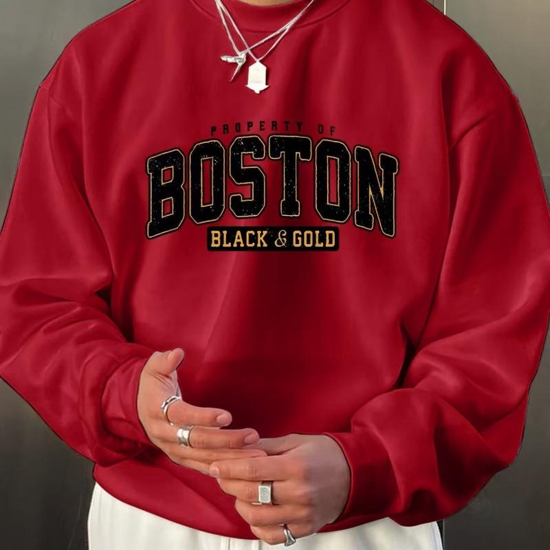 Men's Casual Crewneck Sweatshirt Boston Black Gold Print Fashion Long Sleeve
