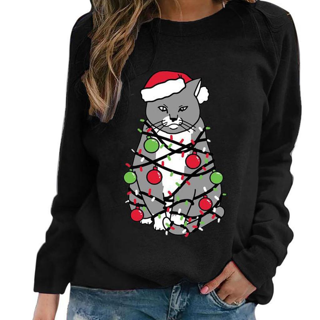 Women's Christmas Cat With Lights Printing O- Neck Long Sleeve T-Shirt Top
