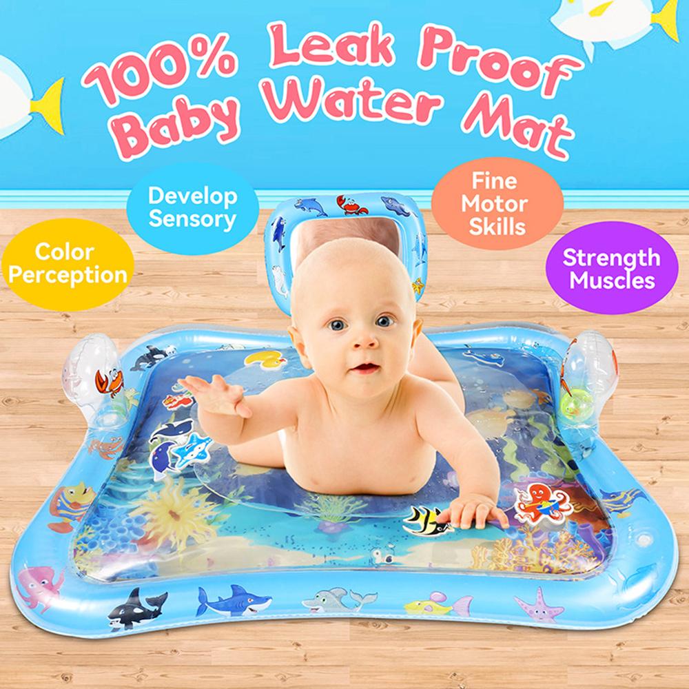 Tummy Time Water Mat for Baby Boy Girl PVC Inflatable Play Mat with Mirror Rattle Buzzer for Infants Toddlers Fun Play  