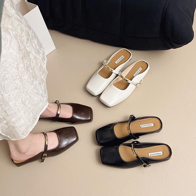 Baotou Half Slippers Women's Summer Outer Sandals Summer New Square Head Flat Sole Single Shoes Soft Sole Shoes