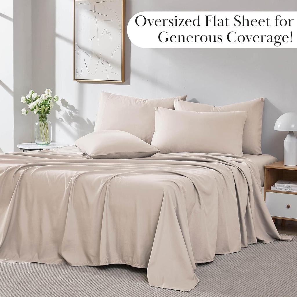 6-Piece Extra Deep Pocket King Sheets Set, Hotel Collection King Size Bed Sheets with 21" Deep Pocket Fitted Sheet, Bone