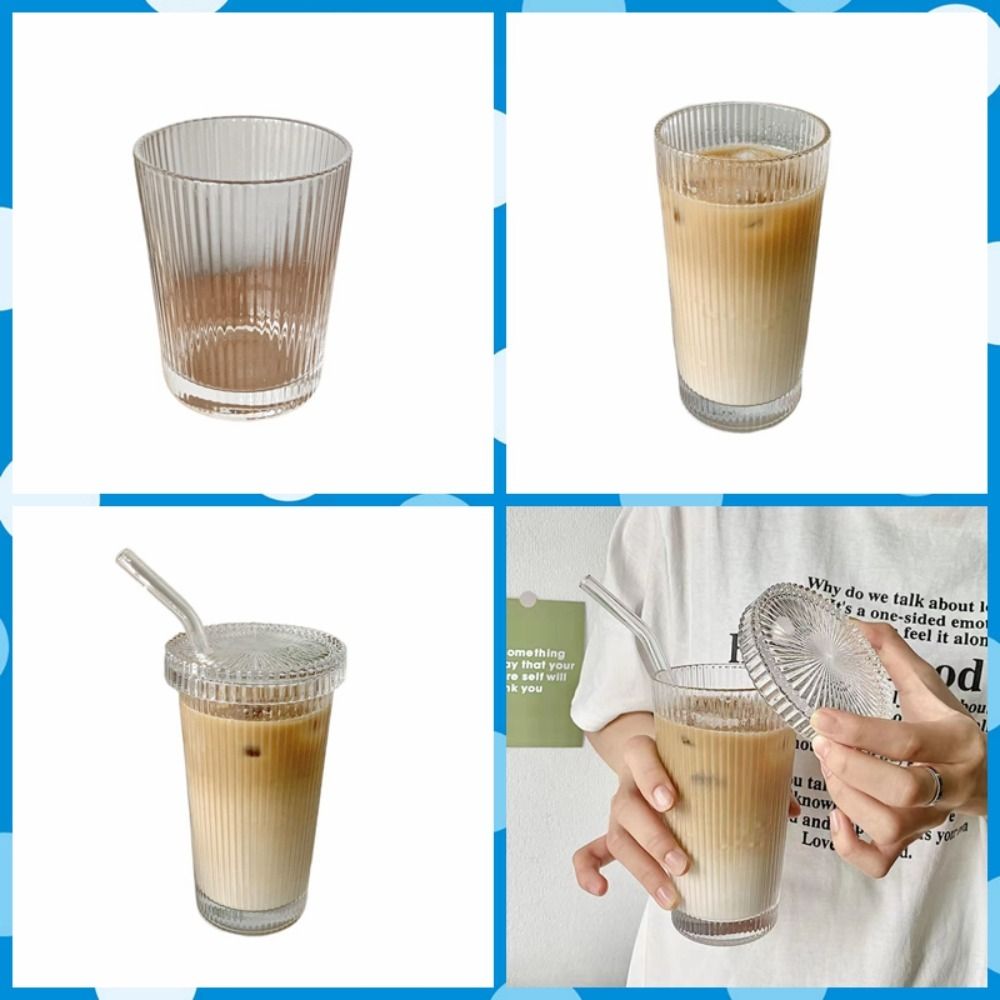 

with Lid Straw Vertical Striped Glass Cup Transparent Mugs Drinkware Bubble Tea