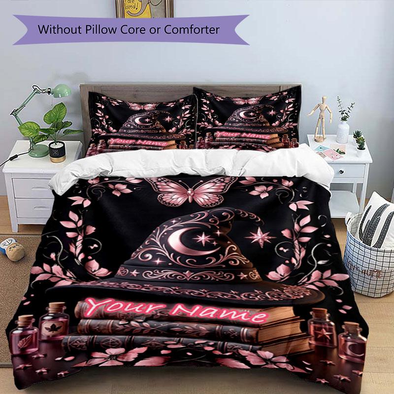 3PC Custom Name Witchcraft Magic Art Bedding Set Duvet Cover Closure Includes 1 Duvet Cover & 2 Pillowcases for Bedroom