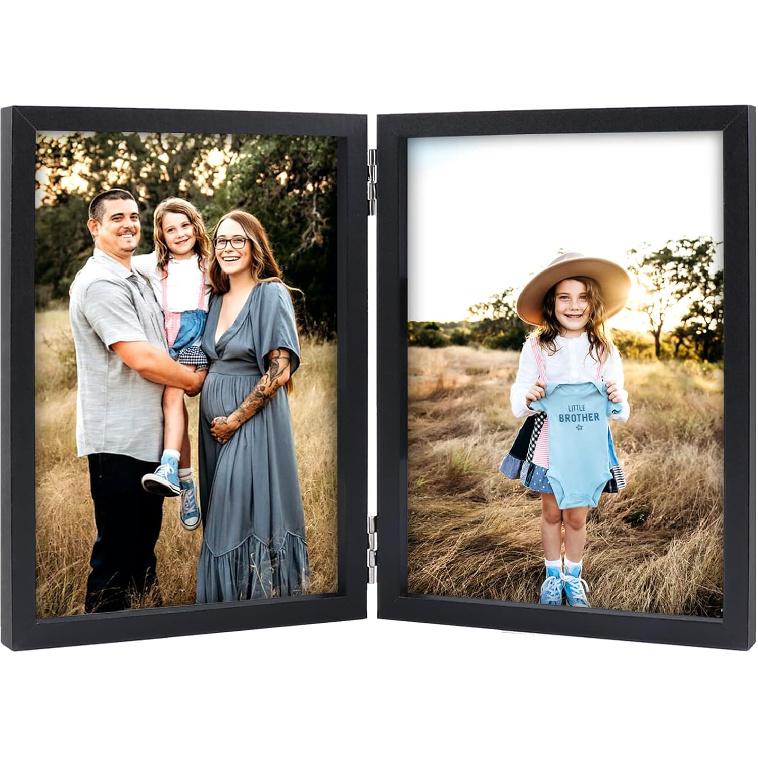 AVEAX Double 4x6 Picture Frame Hinged Folding Photo Frame with Plexiglass Front Vertical Frame on Desktop, White