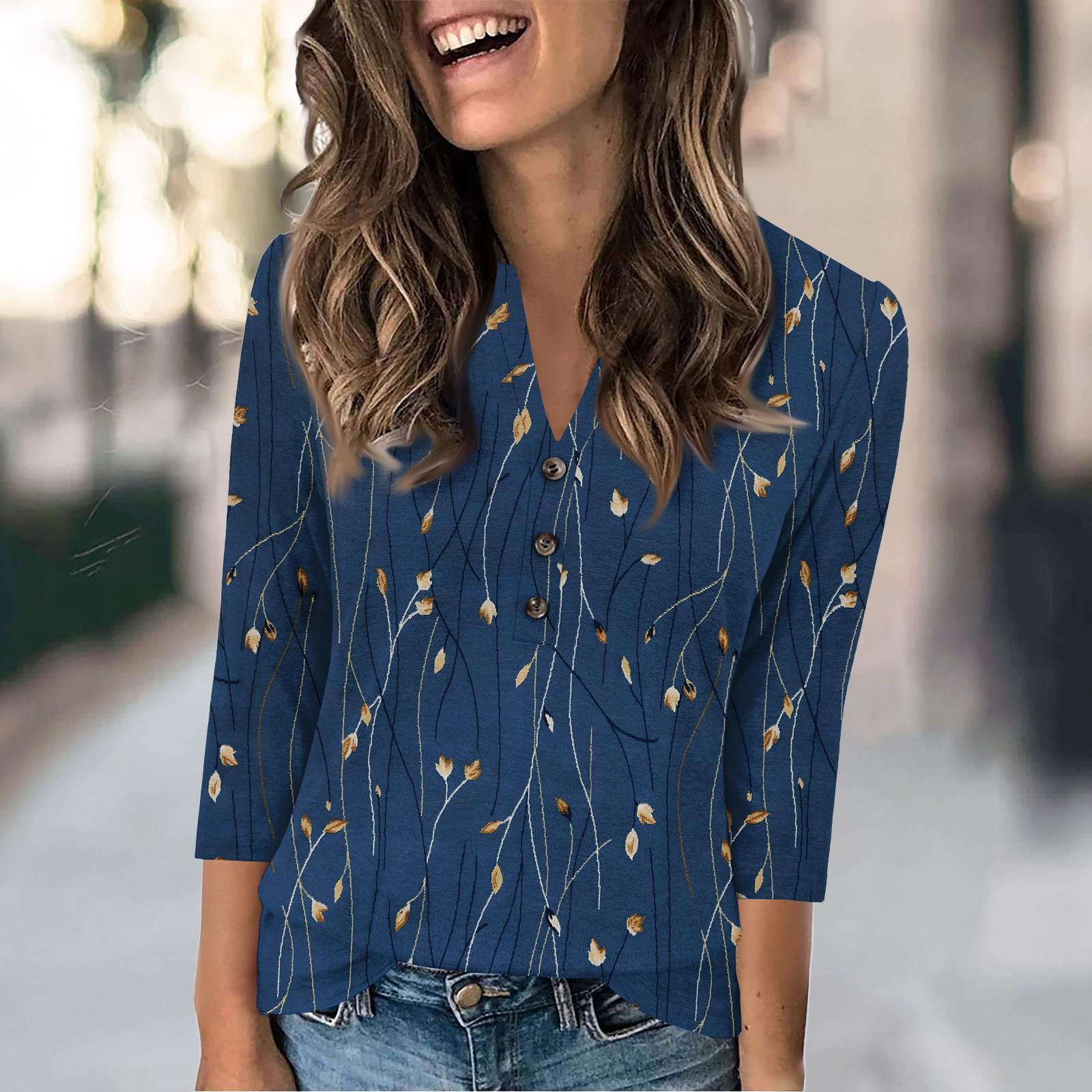 

Жіноча модна повсякденна футболка з вінтажним квітковим принтом і V-подібним вирізом з рукавами 3/4 і ґудзиками L червоний