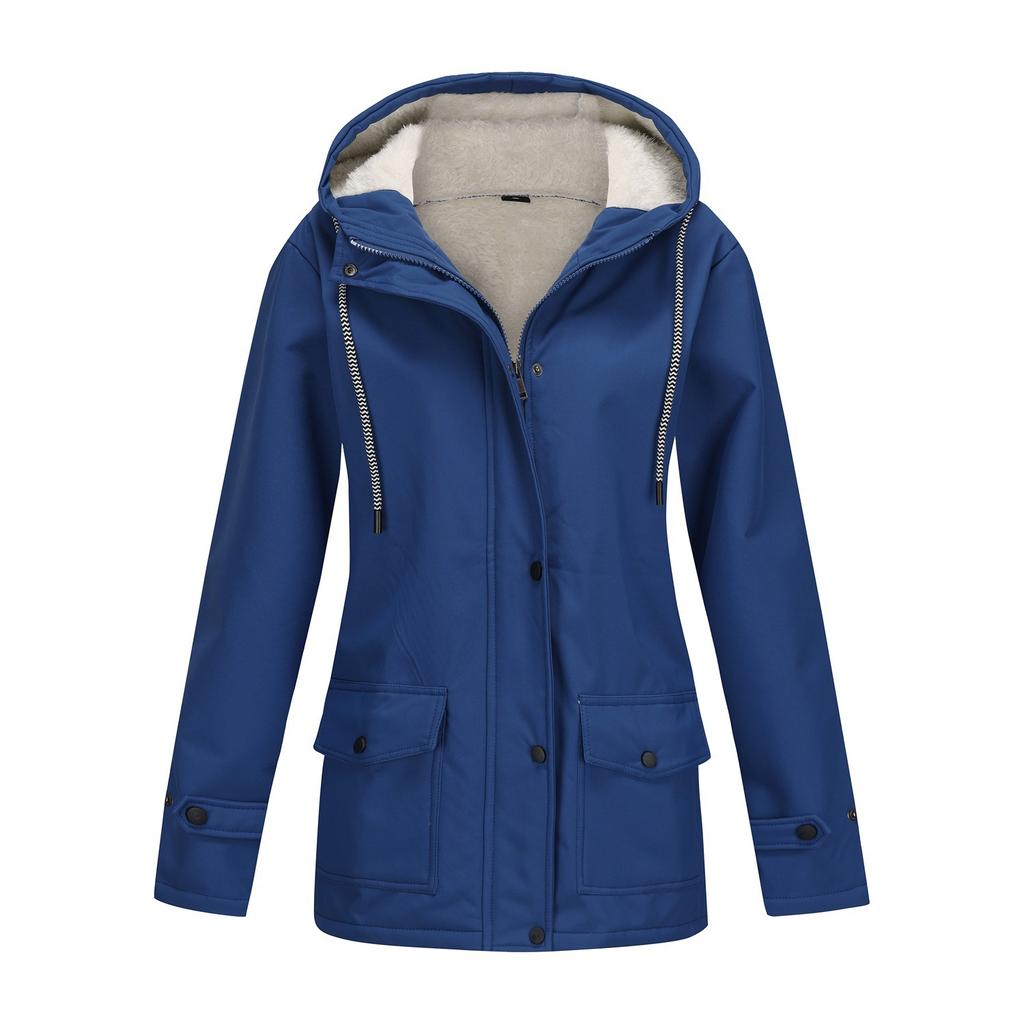 Women's Long Sleeve Hooded Jacket Solid Color Zip Up Fleece Lined Water Resistant Windbreaker Outerwear Coat