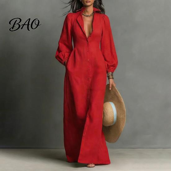 Women Casual Dress Button Front Shirt Dress, Long Sleeve Turn-down Collar Dresses Solid Color Cinched Waist for Daily Office Collared Style
