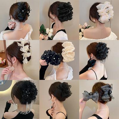 Elegant Love Mesh Rhinestone Bow Hair Grasp Clip Sided Shark Hairpin Princess Korean Hair Accessories for Women