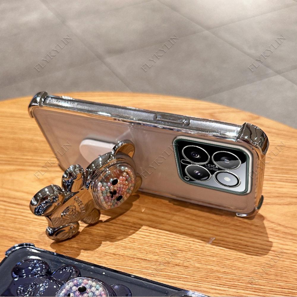 FLYKYLIN Coque de téléphone mignonne avec support ours plaqué pour Xiaomi Redmi 15C 14C 13 13C Housse transparente avec support