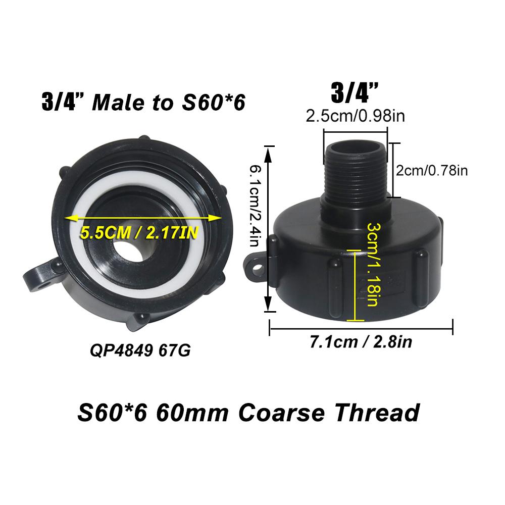 2Pcs S60x6 IBC Tote Tank Fitting Hose Drain Adapter 1/2inch 3/4inch 1inch Thread IBC Tank A Dapter Tap Connector Replacement
