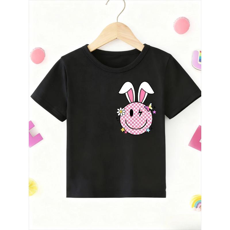Girls' Cute Panda Climbing Tree Printed T-shirt - Soft Pink Short-sleeve Crew Neck Top, Breathable Knitted Fabric for Spring