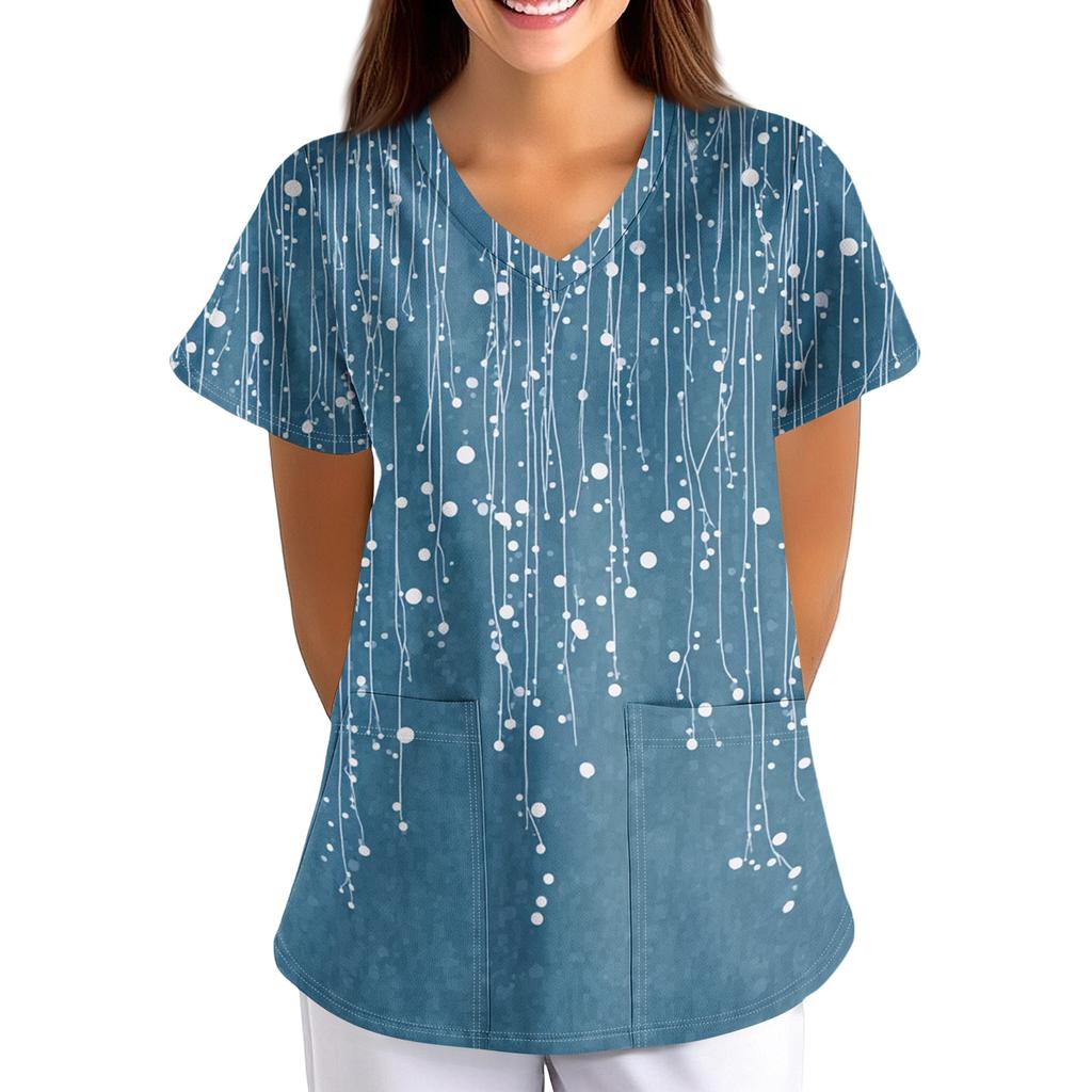 Loose Fit V Neck Pocket Short Sleeve Medical Scrub Top Floral Pattern Nurse Uniform Workwear for Healthcare Professionals