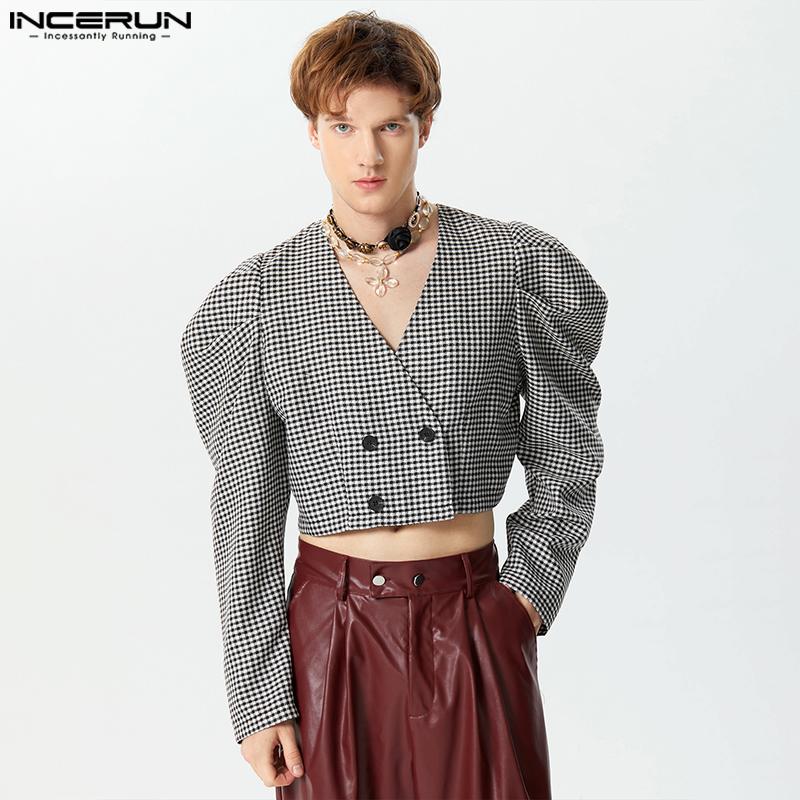 

INCERUN Мужские короткие пиджаки в клетку с длинными рукавами и V-образным вырезом
