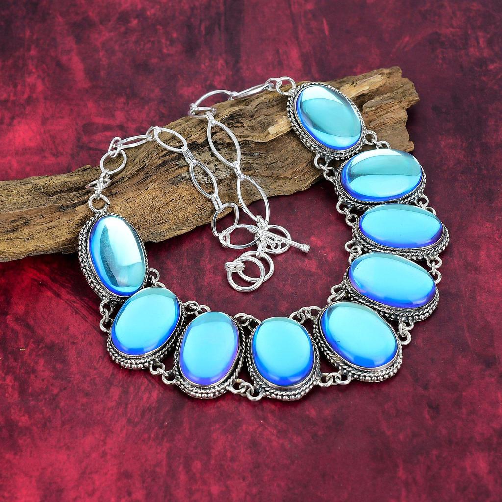 Mystic Opal Handmade Gemstone Necklace, 925 Solid Sterling Silver Necklace Antique Jewelry, For Thanksgiving