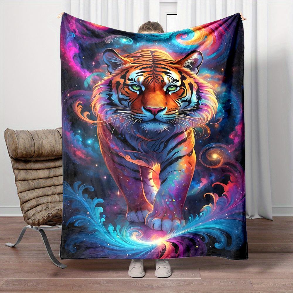 Contemporary Flannel Throw Blanket Polyester Digital Print - Reversible All-Season Cartoon Tiger Pattern Soft Non-Woven 130x150cm
