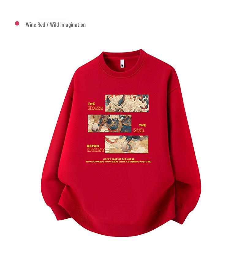 2025 Unisex Red Round Neck Year of the Horse Sweatshirt with Custom Logo, Thickened for Annual Meeting.