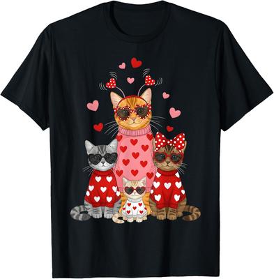 Funny Valentine Cats Family Graphic T-Shirt Cute Kitten Lovers Crew Neck Tee