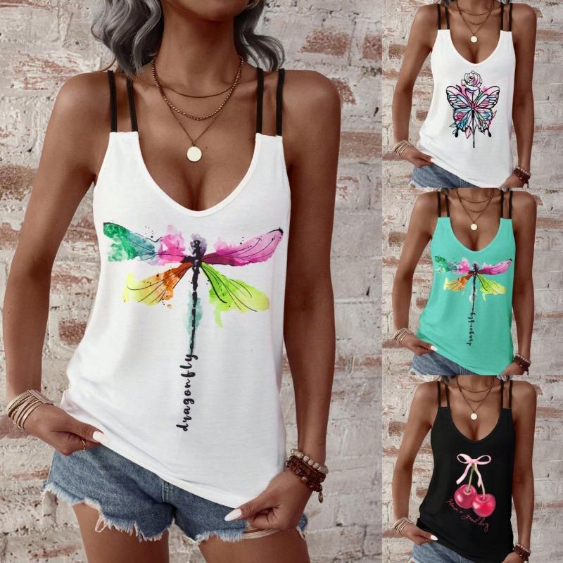 Womens V Neck Double Strap Tank Top With Dragonfly Print Casual Solid Color Sleeveless Blouse