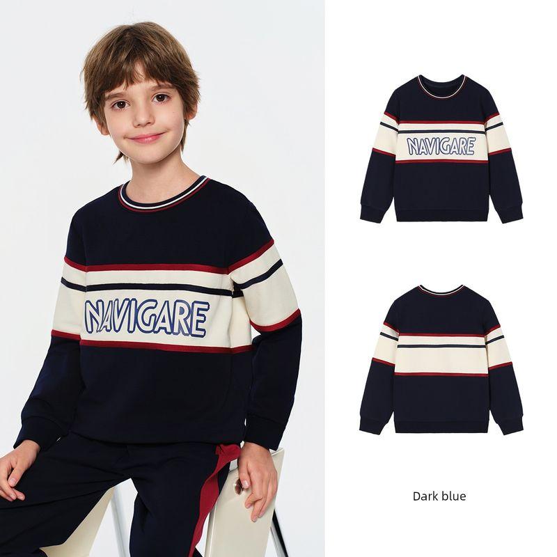 Navigare Italian Small Sailboat Boys Sweatshirt, Long-Sleeved Round-Neck Top for Older Children, New Spring and Autumn Style for Boys Round Neck Horizontal Stripes-Dark Blue 150