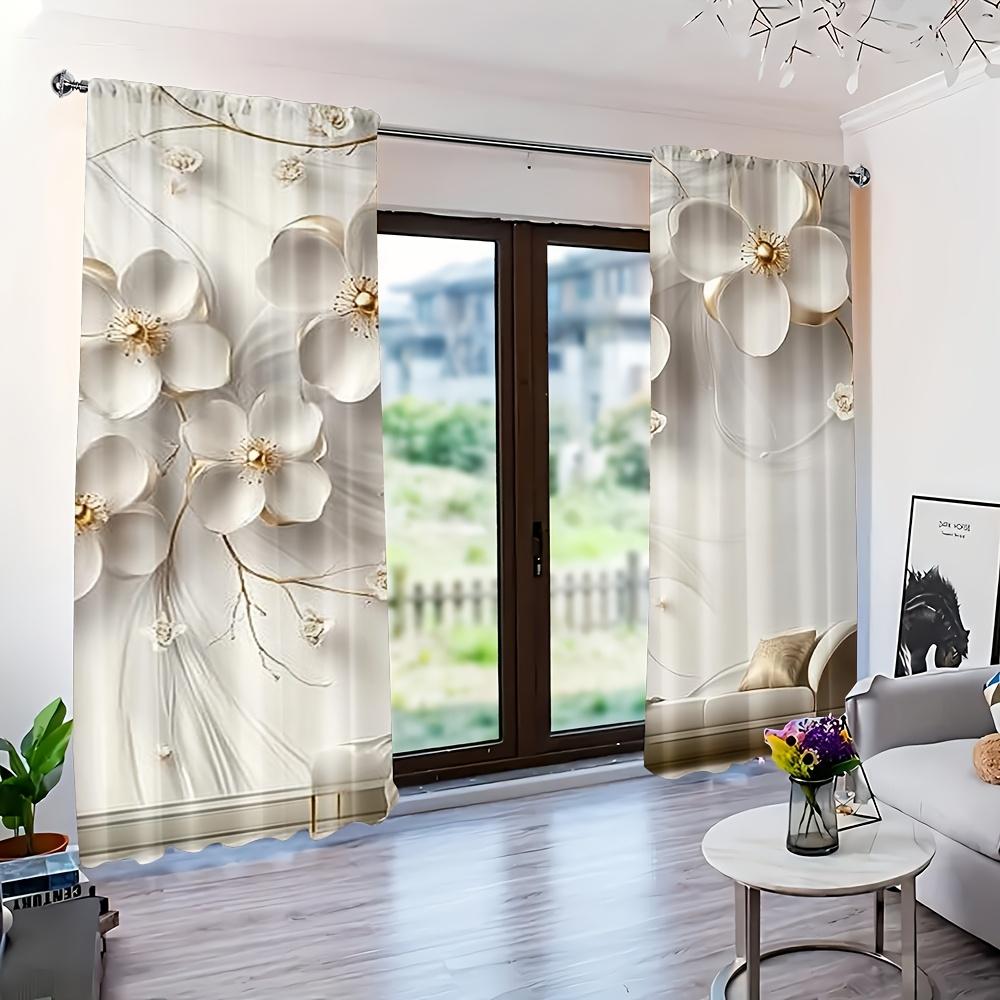 2PC Elegant Floral Sheer Curtains – White & Gold Blooms  Pocket Rod Top for Living Room  Bedroom   Kitchen  Office – Luxe Home Decor