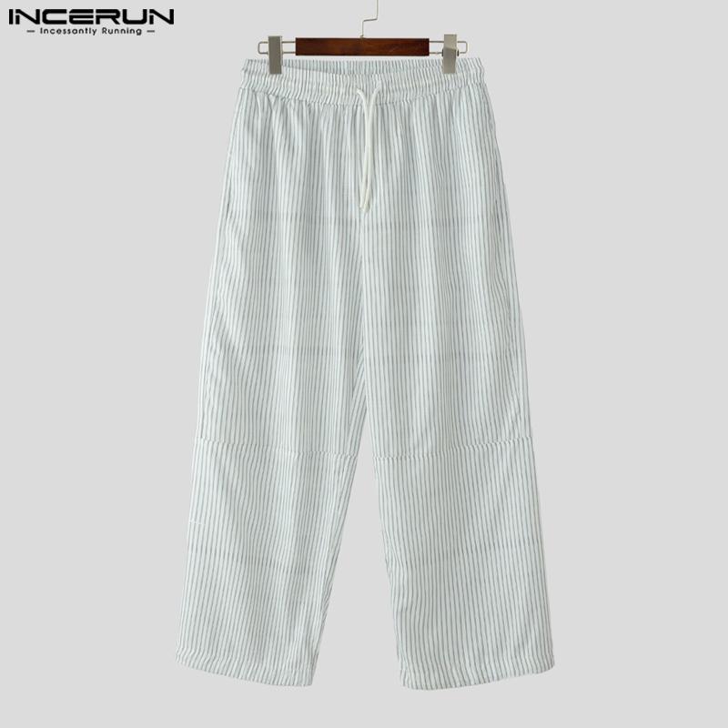 INCERUN Men Striped Print Pants Casual Elastic Waist Long Trousers