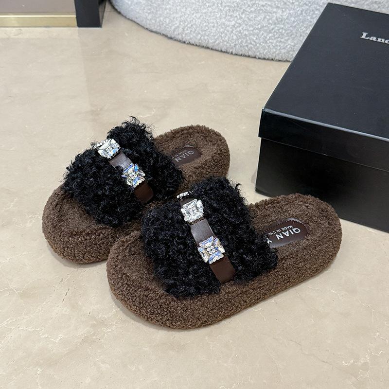 Thick-soled Plush Design Fluffy Shoes for Women's Outer Wear 2025 Autumn and Winter New Home Non-slip One-word Rhinestone Cotton Slippers